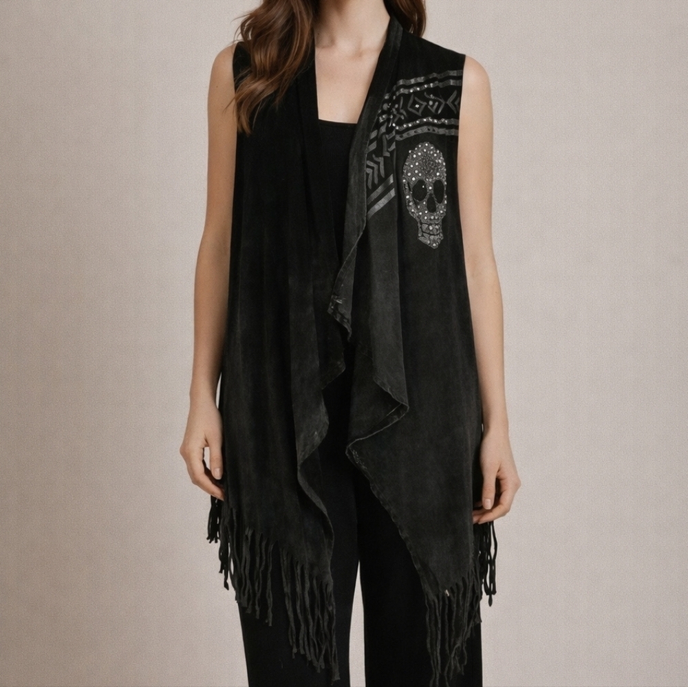 VOCAL Black Fringe Assymetric Bedazzled Skull Stone Wash Goth Grunge Kimono